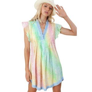 Hale Bob Frayed Ruffled Sleeve Mini Dress 100% Linen Cover Up Beachy Boho